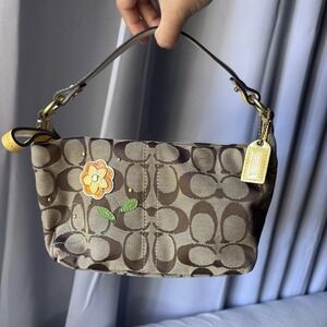 Vtg Coach Mini Pouch Signature Yellow Brown Flower Handbag Rare Signature Y2K